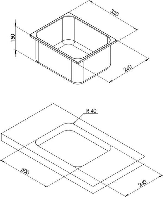 Rectangular Stainless Steel Sink 320 x 260 x 150