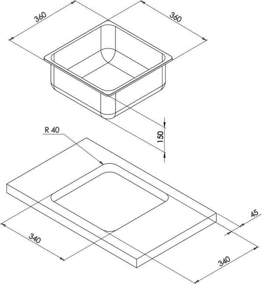 Can Square Matt Stainless Steel Sink 360 x 360 x 150