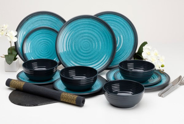 Load image into Gallery viewer, DINNER SET Granite Aqua Melamine 12 Piece Tableware Set
